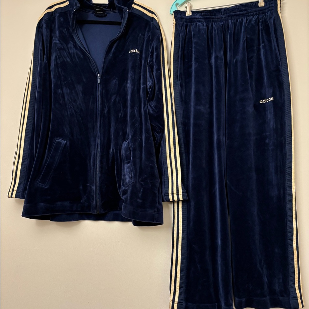 adidas Navy Velour Tracksuit with Cream Stripes